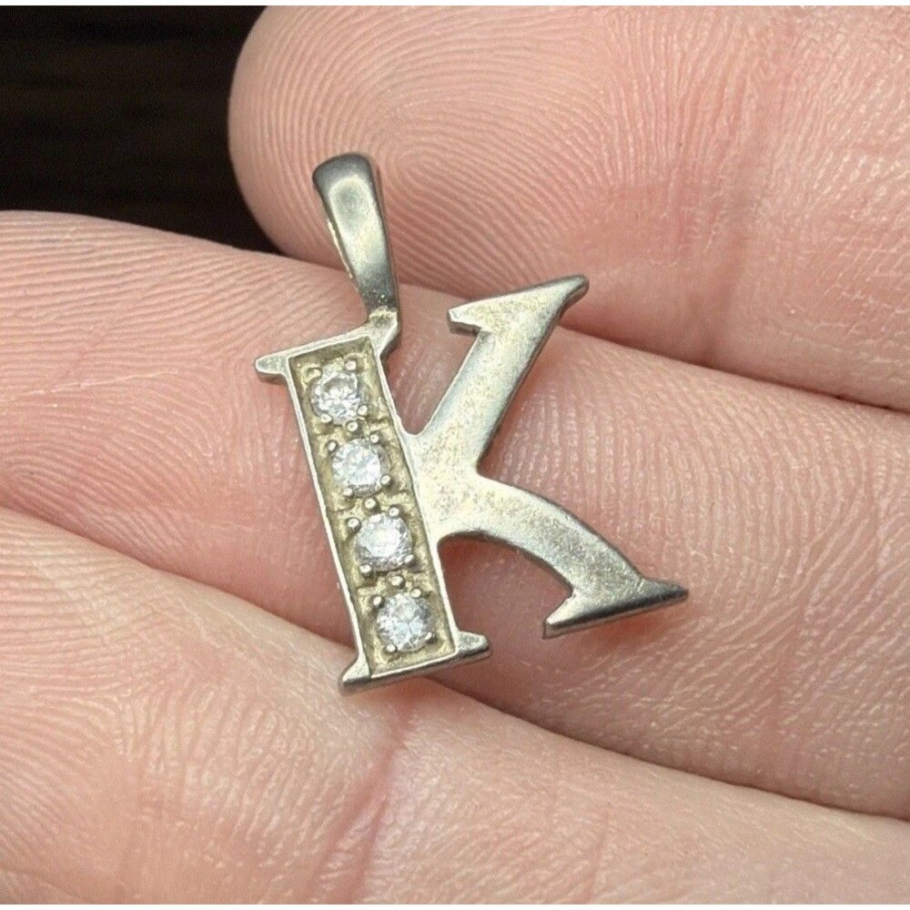 Vintage Sterling Silver Letter K Initial Pendant CZ Stones Hallmark 925